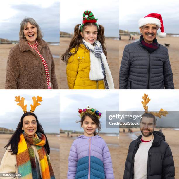 family collage at the beach - christmas montage stock pictures, royalty-free photos & images