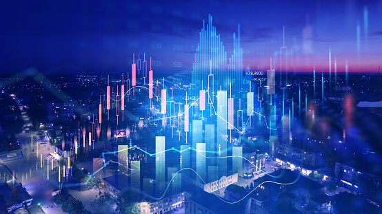 Big data chart on city backdrop.Business development, financial plan and strategy.Analysis finance graph and market chart investment.Trade technology, and investment analysis.