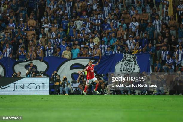 Angel Di Maria of SL Benfica celebrates scoring SL Benfica first goal during the match between SL Benfica and FC Porto for the Supertaca de Portugal...