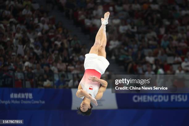 Liew Jun Yi of Team Singapore competes on the Floor Exercise in the Artistic Gymnastics - Men's Team Final & Individual Qualificaiton on day 4 of...