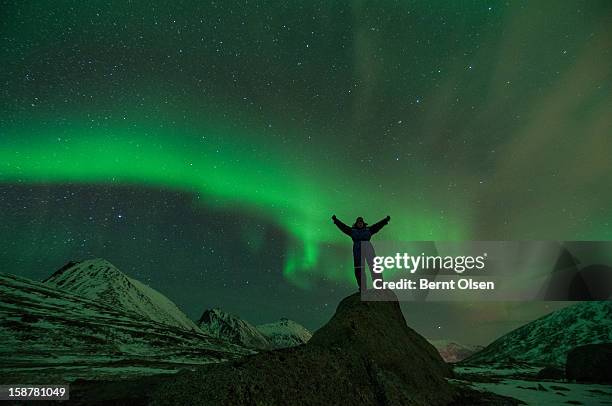 person in siloutte of the northern lights - tromsö stock-fotos und bilder