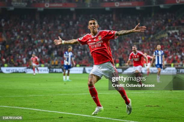 Angel Di Maria of SL Benfica celebrates after scoring his sides first goal during the Supercopa de Portugal Final match between SL Benfica v FC Porto...