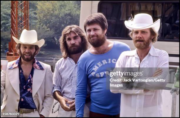 Portrait of American musical group The Beach Boys prior to a performance at a free concert on the Great Lawn of Central Park, New York, New York,...