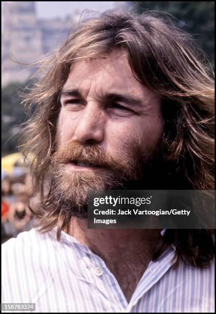 Close-up of American musican Dennis Wilson, of The Beach Boys, prior to a performance at a free concert on the Great Lawn of Central Park, New York,...