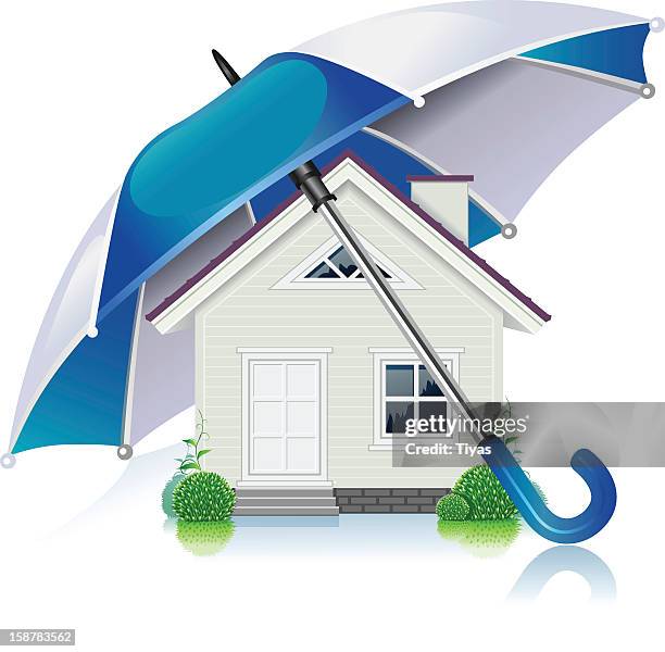 giant umbrella protecting a house - roofing services stock illustrations
