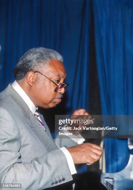 Portrait of American jazz musician Ellis Marsalis Jr plays piano during a performance at The Blue Note nightclub, New York, New York, June 4, 1990....