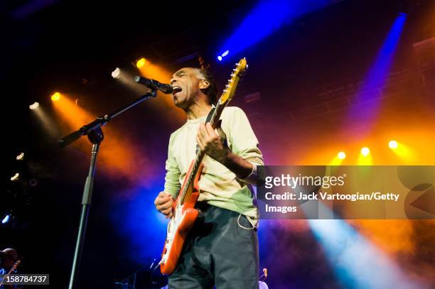 Brazilian musician and politician Gilberto Gil performs with his band at the Nokia Theatre, New York, New York, June 24, 2008.