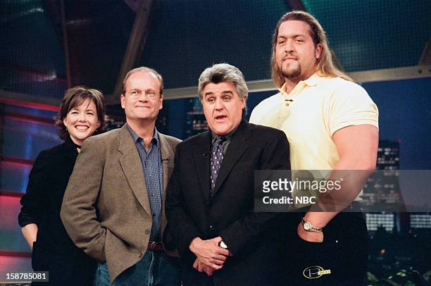 Episode 1486 -- Pictured: Actress Annette Bening, actor Kelsey Grammer, host Jay Leno, wrestler Paul"Giant" Wight on November 11, 1998 --