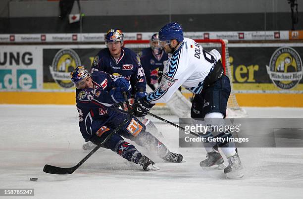 Lubor Dibelka and Felix Petermann of EHC Red Bull Munich in action with Thomas Dolak of Hamburg Freezers during the DEL ice hockey game between Red...