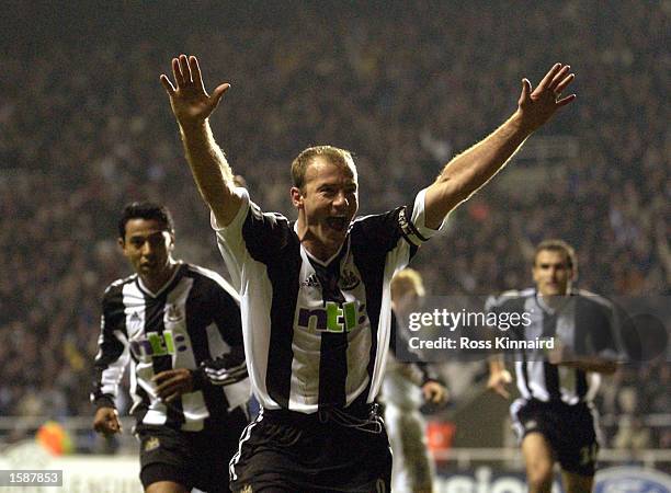 Alan Shearer of Newcastle celebrates after scoring from the penalty spot during the UEFA Champions League First Phase Group E match between Newcastle...