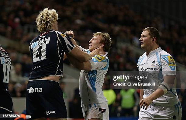 Richie Gray of Sale Sharks fights with Matt Kvesic of Worcester Warriors during the Aviva Premiership match between Sale Sharks and Worcester...