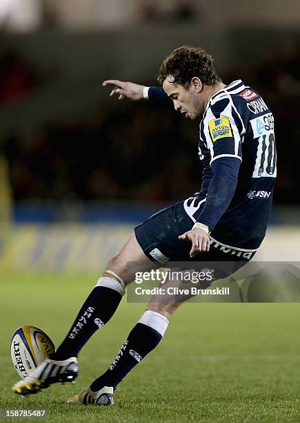 Danny Cipriani of Sale Sharks in action during the Aviva Premiership match between Sale Sharks and Worcester Warriors at Salford City Stadium on...