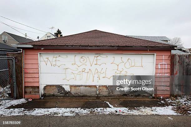 Graffiti is painted on a garage near the spot where Federico Martinez was gunned down two days ago on December 28, 2012 in Chicago, Illinois....