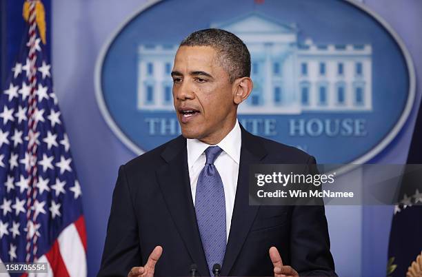 President Barack Obama makes a statement to the press in the Brady Press Briefing Room of the White House after meeting with Congressional leaders to...