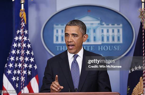 President Barack Obama makes a statement to the press in the Brady Press Briefing Room of the White House after meeting with Congressional leaders to...