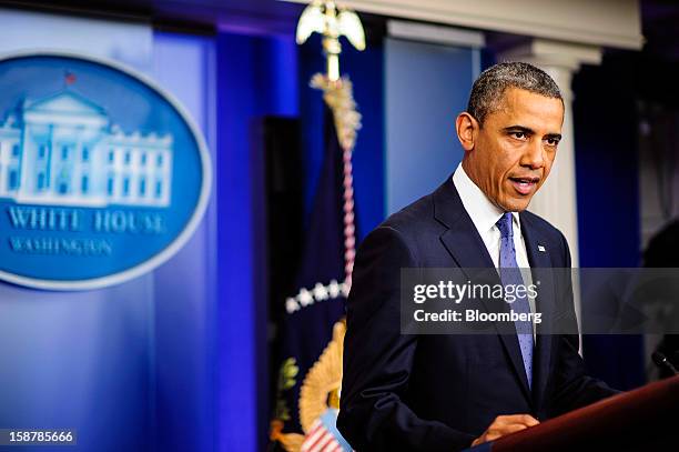 President Barack Obama speaks in the Brady Press Briefing Room at the White House in Washington, D.C., U.S., on Friday, Dec. 28, 2012. Obama said...