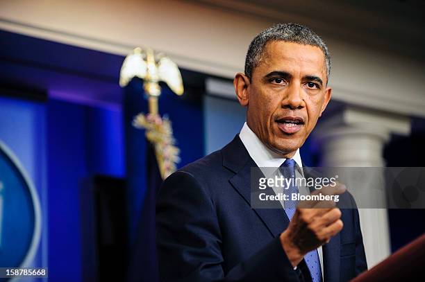 President Barack Obama speaks in the Brady Press Briefing Room at the White House in Washington, D.C., U.S., on Friday, Dec. 28, 2012. Obama said...