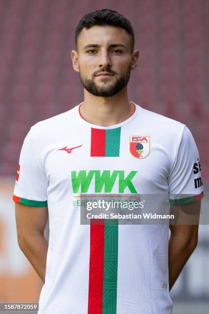 Maximilian Bauer of FC Augsburg poses during the team presentation at WWK Arena on August 02, 2023 in Augsburg, Germany.