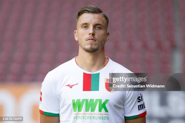 Ermedin Demirovic of FC Augsburg poses during the team presentation at WWK Arena on August 02, 2023 in Augsburg, Germany.