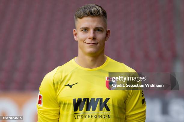 Finn Dahmen of FC Augsburg poses during the team presentation at WWK Arena on August 02, 2023 in Augsburg, Germany.