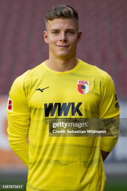 Finn Dahmen of FC Augsburg poses during the team presentation at WWK Arena on August 02, 2023 in Augsburg, Germany.