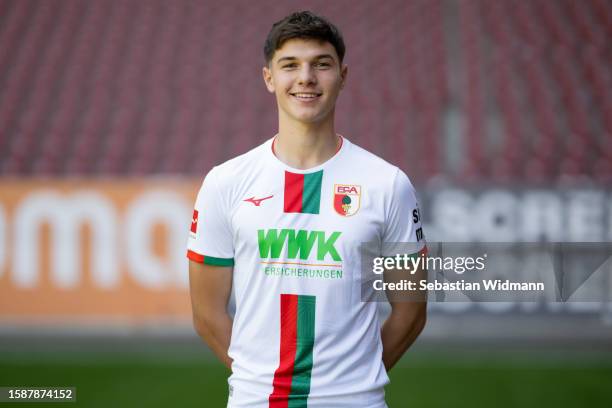 Mert Koemuer of FC Augsburg poses during the team presentation at WWK Arena on August 02, 2023 in Augsburg, Germany.