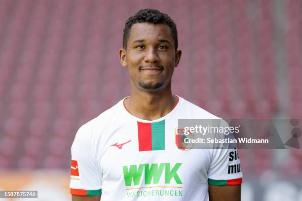 Felix Uduokhai of FC Augsburg poses during the team presentation at WWK Arena on August 02, 2023 in Augsburg, Germany.