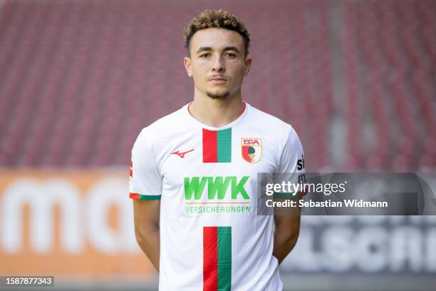 Uben Vargas of FC Augsburg poses during the team presentation at WWK Arena on August 02, 2023 in Augsburg, Germany.