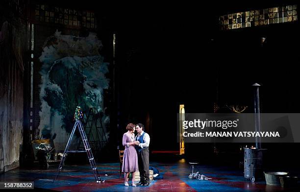 Australian soprano Nicole Car and Italian tenor Gianluca Terranova perform in the roles of Mimi and Rodolfo during a full dress rehearsal for Gale...