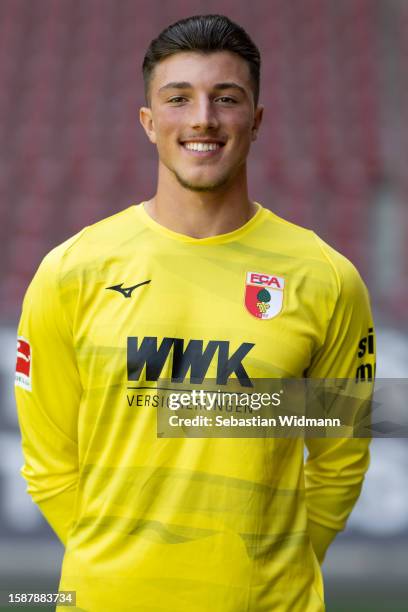 Marcel Lubik of FC Augsburg poses during the team presentation at WWK Arena on August 02, 2023 in Augsburg, Germany.