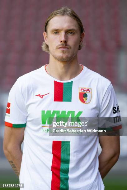 Fredrik Jensen of FC Augsburg poses during the team presentation at WWK Arena on August 02, 2023 in Augsburg, Germany.