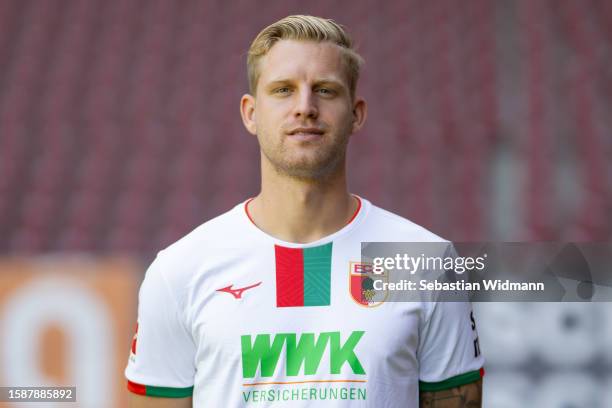 Arne Maier of FC Augsburg poses during the team presentation at WWK Arena on August 02, 2023 in Augsburg, Germany.