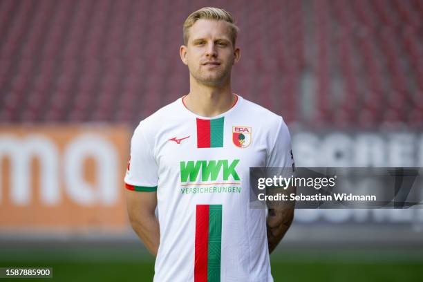 Arne Maier of FC Augsburg poses during the team presentation at WWK Arena on August 02, 2023 in Augsburg, Germany.