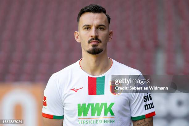Mergim Berisha of FC Augsburg poses during the team presentation at WWK Arena on August 02, 2023 in Augsburg, Germany.