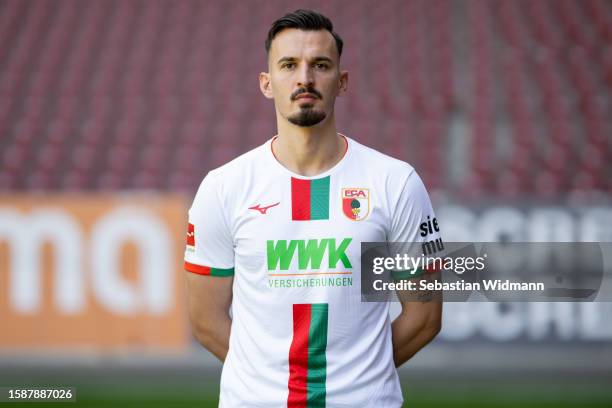 Mergim Berisha of FC Augsburg poses during the team presentation at WWK Arena on August 02, 2023 in Augsburg, Germany.