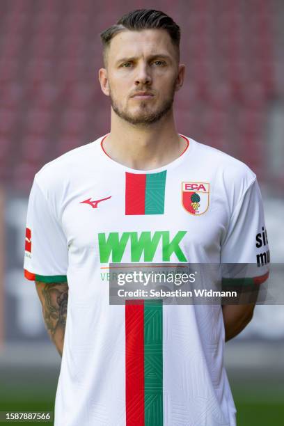 Jeffrey Gouweleeuw of FC Augsburg poses during the team presentation at WWK Arena on August 02, 2023 in Augsburg, Germany.