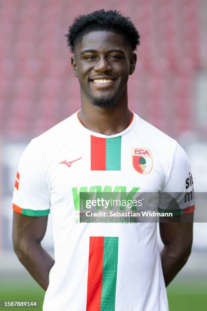 Nathanael Mbuku of FC Augsburg poses during the team presentation at WWK Arena on August 02, 2023 in Augsburg, Germany.