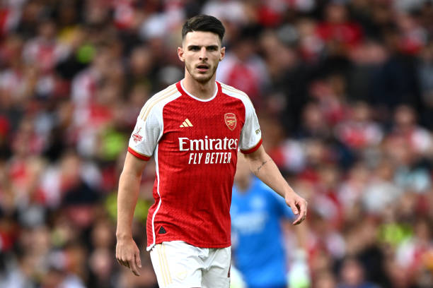 Declan Rice of Arsenal looks on during the pre-season friendly match between Arsenal FC and AS Monaco at Emirates Stadium on August 02, 2023 in...