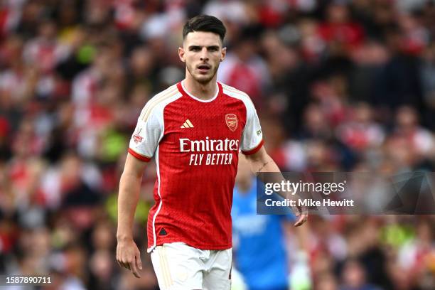 Declan Rice of Arsenal looks on during the pre-season friendly match between Arsenal FC and AS Monaco at Emirates Stadium on August 02, 2023 in...