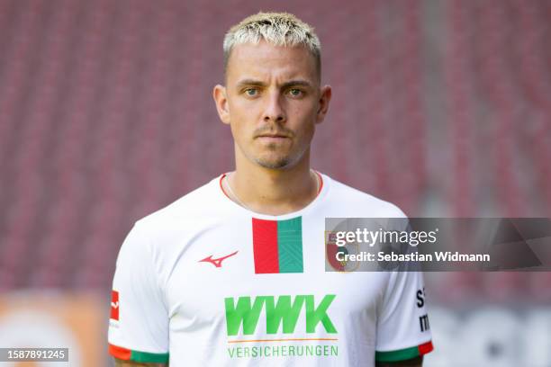 Phillip Tietz of FC Augsburg poses during the team presentation at WWK Arena on August 02, 2023 in Augsburg, Germany.