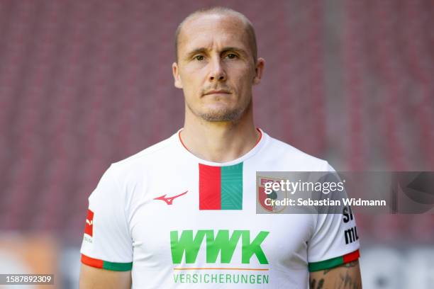 Ven Michel of FC Augsburg poses during the team presentation at WWK Arena on August 02, 2023 in Augsburg, Germany.