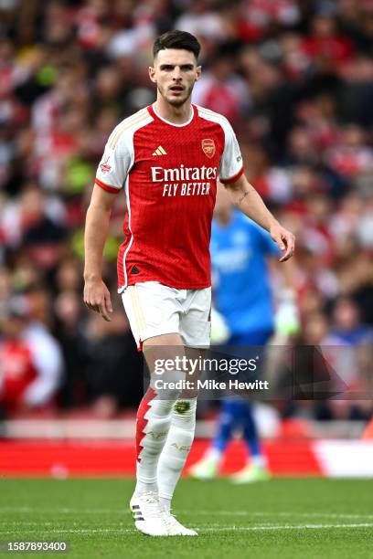 Declan Rice of Arsenal looks on during the pre-season friendly match between Arsenal FC and AS Monaco at Emirates Stadium on August 02, 2023 in...