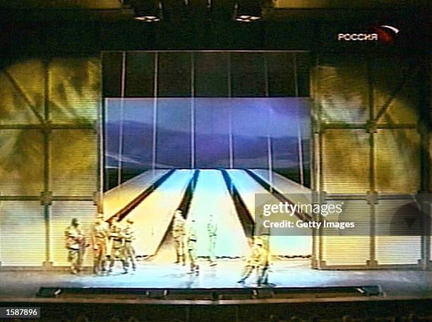 This image from Russian TV shows Chechen rebels taking over a theater in Moscow during the performance. According to Russian television sources, this...