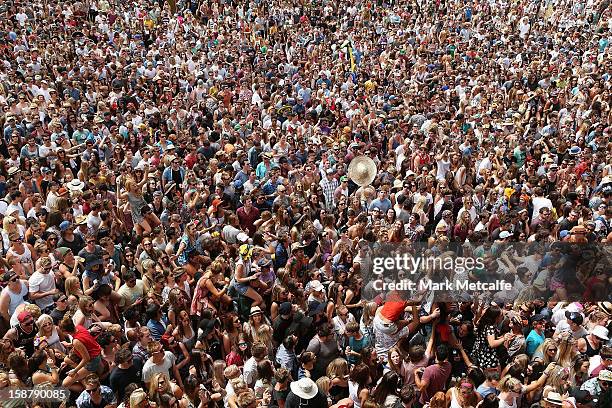 Large crowd watches San Cisco perform live on stage at The Falls Music and Arts Festival on December 29, 2012 in Lorne, Australia.