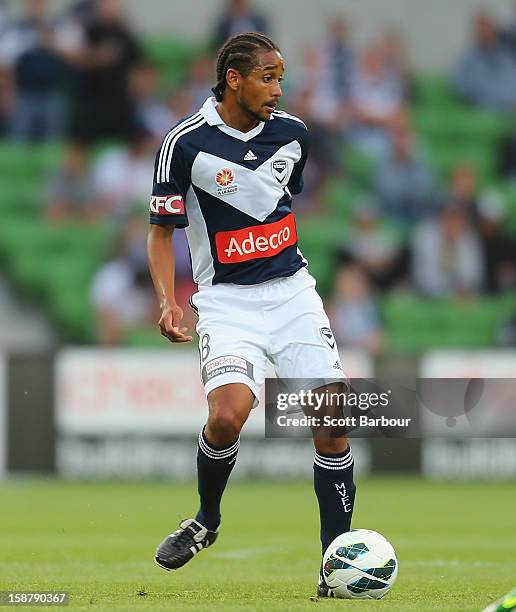 Jonathan Bru of the Victory controls the ball during the round 13 A-League match between the Melbourne Victory and the Newcastle Jets at AAMI Park on...