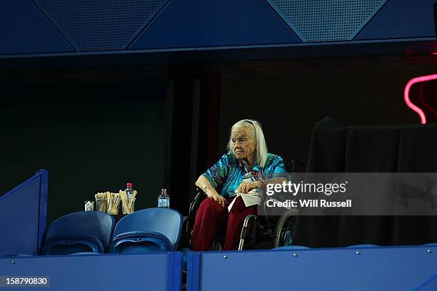 The wife of the late Harry Hopman Lucy Hopman looks on from the stands during day one of the Hopman Cup at Perth Arena on December 29, 2012 in Perth,...