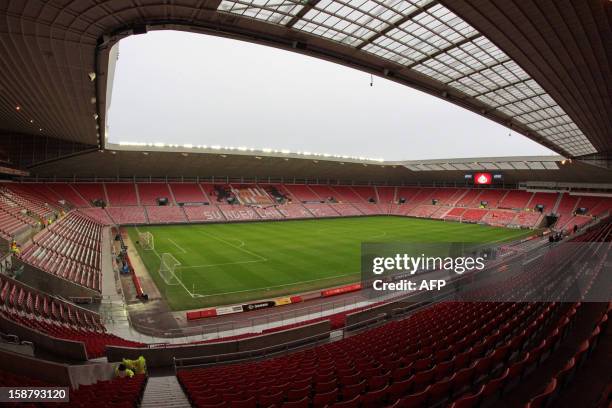 View of the empty stands and pitch at Sunderland's Stadium of Light ahead of the English Premier League football match between Sunderland and...