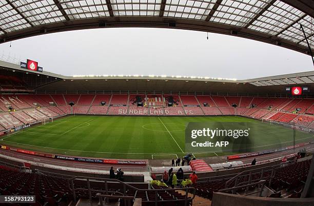 View of the empty stands and pitch at Sunderland's Stadium of Light ahead of the English Premier League football match between Sunderland and...