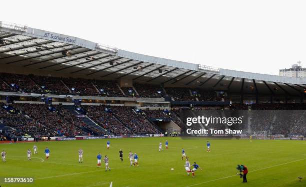 General view of the game during the IRN-BRU Scottish Third Division match between Queens Park and Rangers at Hampden Park on December 29, 2012 in...