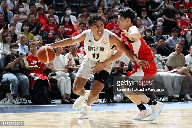 Flynn Cameron of New Zealand drives to the basket during the international basketball game between Japan and New Zealand at Open House Arena Ota on...